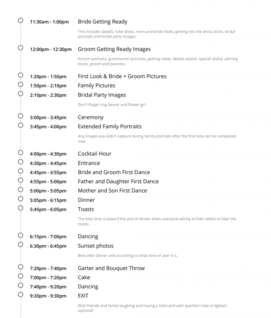 Sample Timeline for Jen Vazquez Photography